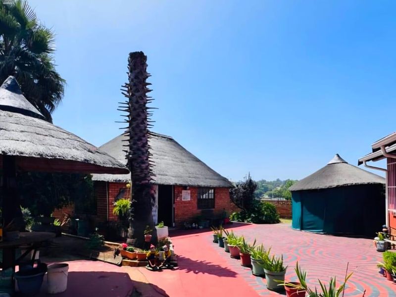 Spacious rear garden area featuring multiple thatch-roof structures, a paved patio, and established landscaping, providing a versatile outdoor entertainment space.
