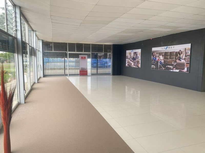 Spacious open-plan commercial showroom area featuring a mix of tiled and carpeted flooring, large glass windows, and a suspended ceiling.