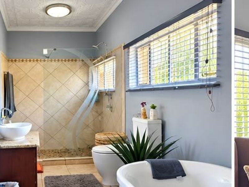 A well-appointed bathroom featuring a walk-in shower with tiled surround, a freestanding bathtub, a vessel sink vanity, and a decorative pressed metal ceiling.
