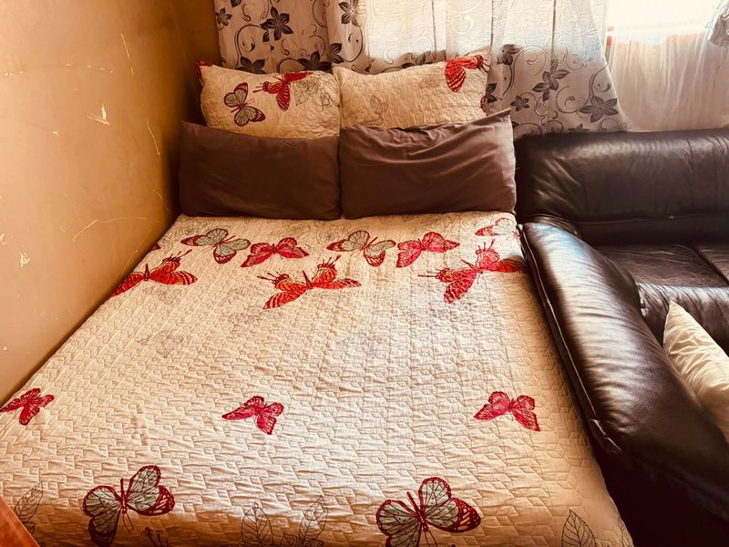 A bedroom space featuring a bed and adjacent seating, showing signs of wear on the wall surfaces.