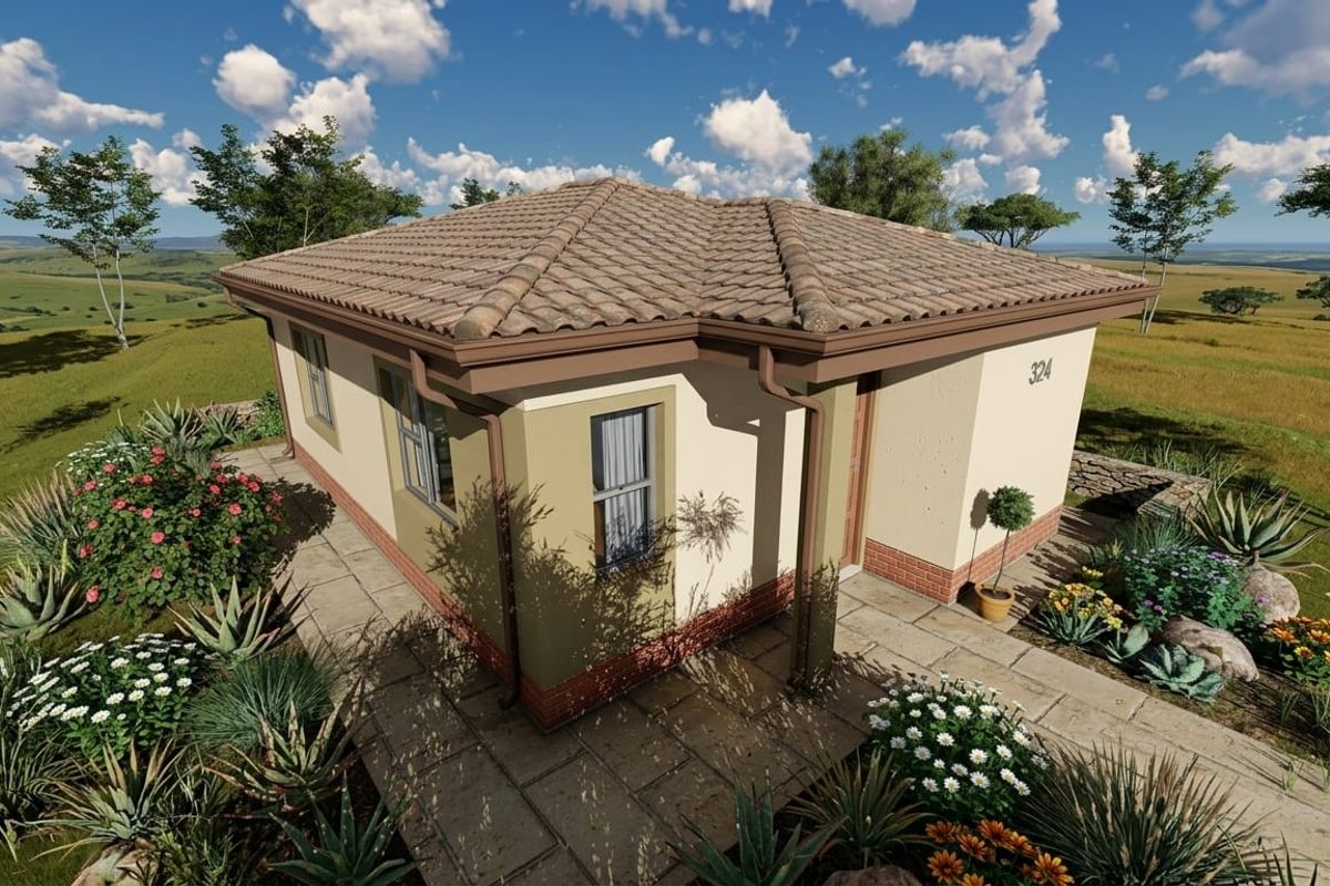 An elevated view of a residential property featuring a tiled roof, brick base, and landscaped garden surroundings.