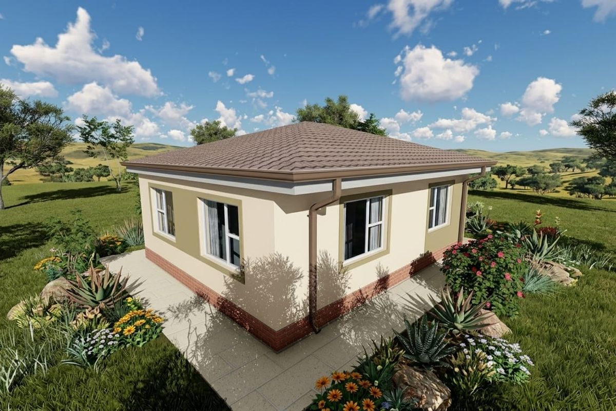 A 3D architectural rendering of a residential dwelling featuring a tiled hip roof, brick base, and landscaped garden surroundings.