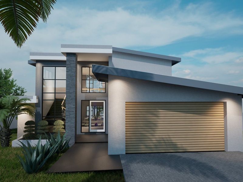 A modern double-storey residential facade featuring stone cladding, large glass windows, and an integrated garage.