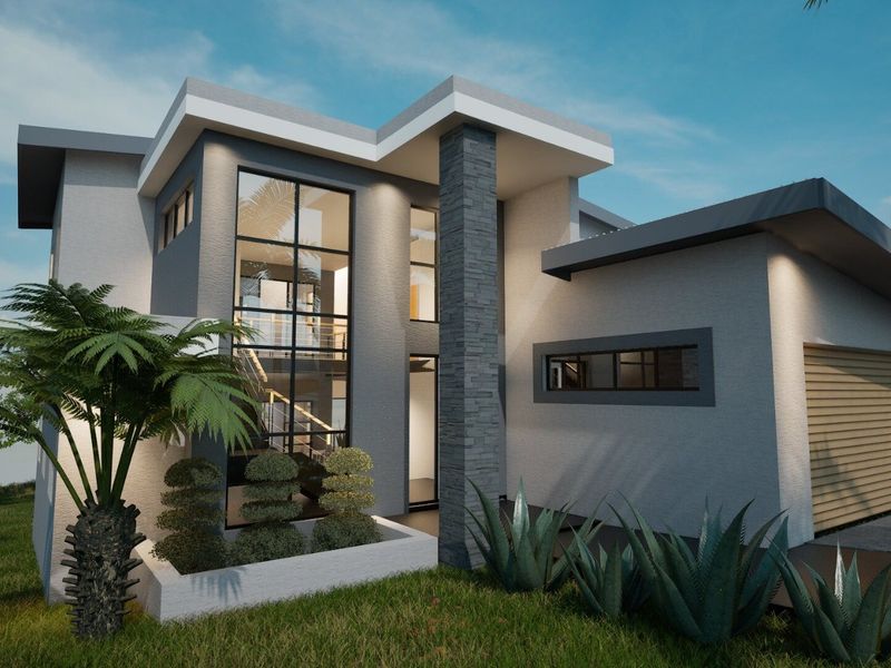 A modern architectural house design featuring a stone-clad pillar, expansive glass windows, and a sleek flat roof profile.