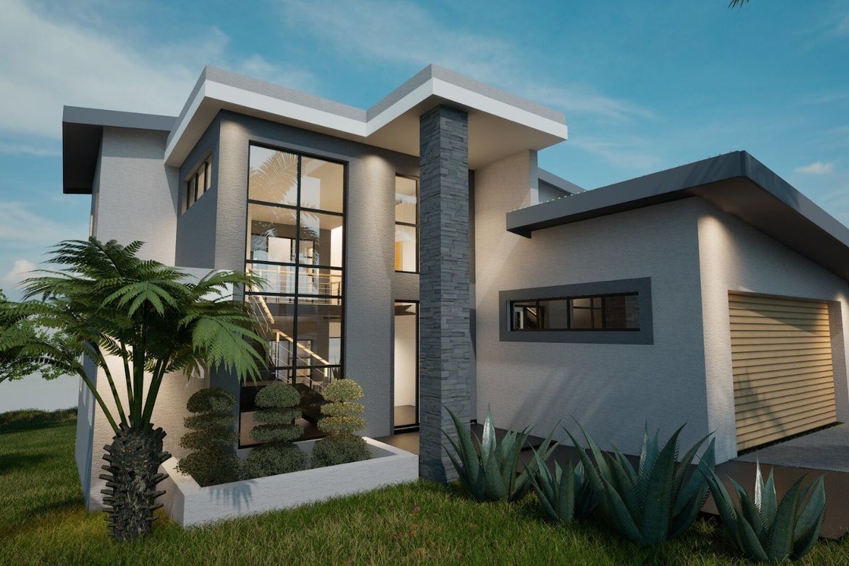 A modern architectural house design featuring a stone-clad pillar, expansive glass windows, and a sleek flat roof profile.
