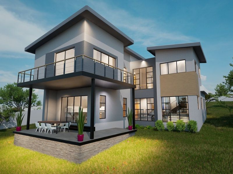 A modern double-story residential property featuring a spacious rear patio, upper-level balcony, and contemporary architectural finishes set within a landscaped garden.