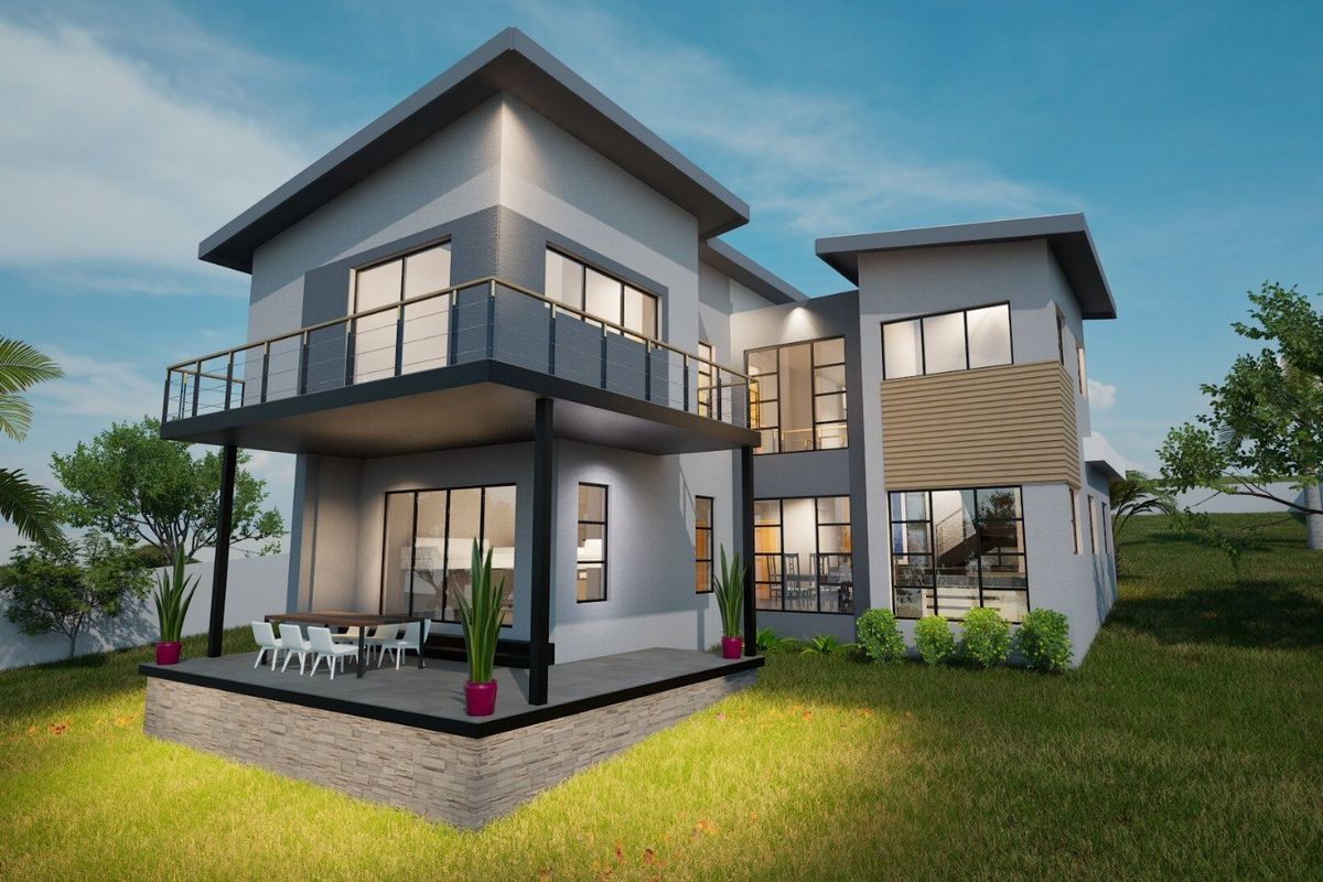 A modern double-story residential property featuring a spacious rear patio, upper-level balcony, and contemporary architectural finishes set within a landscaped garden.