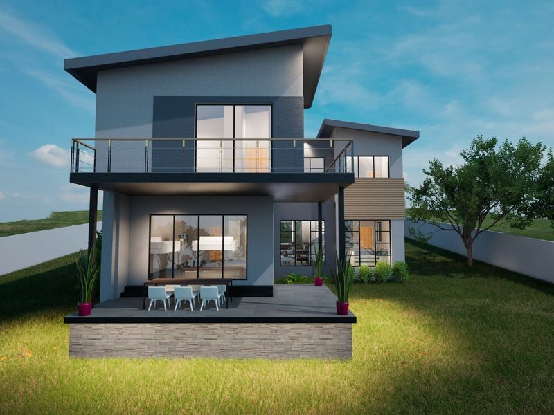 Modern two-story residential home featuring a covered rear patio, upper-level balcony, stone cladding accents, and large sliding glass doors.