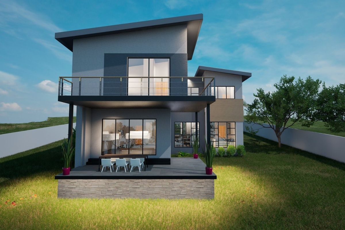 Modern two-story residential home featuring a covered rear patio, upper-level balcony, stone cladding accents, and large sliding glass doors.