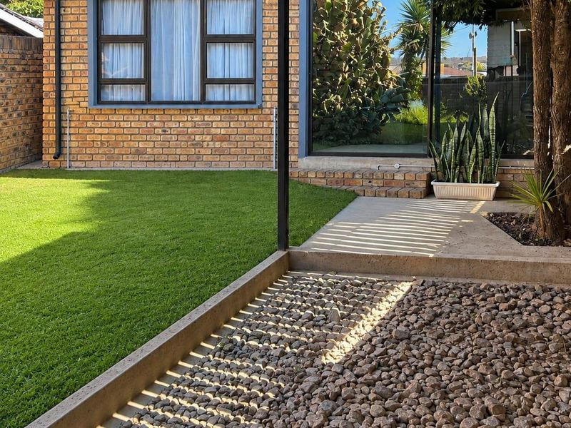 A well-maintained covered patio area featuring a corrugated metal roof, facebrick facade, and a neat garden with a lawn and gravel landscaping.