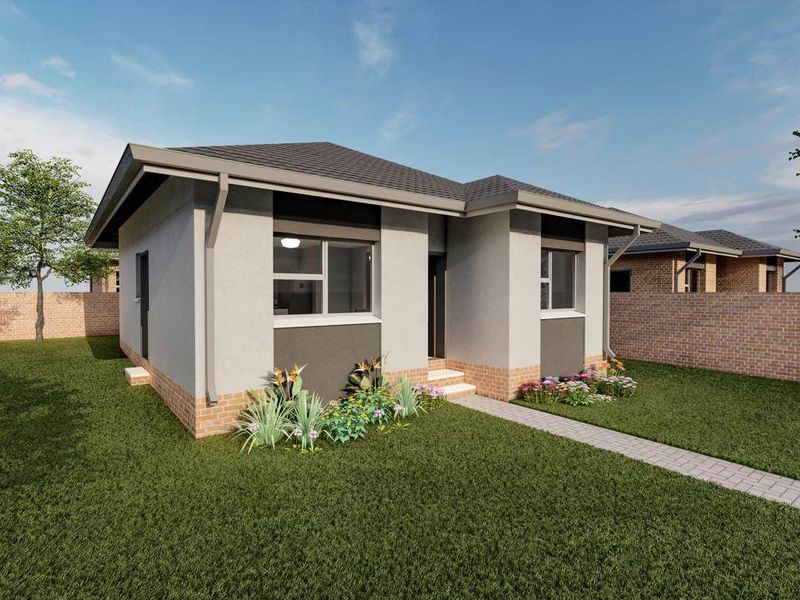 A modern single-story residential home featuring a tiled roof, brick boundary walls, and a neat paved walkway leading to the entrance.