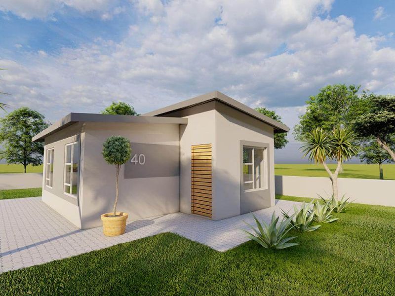 A modern single-story residential house featuring a clean facade, paved walkway, and surrounding garden area.