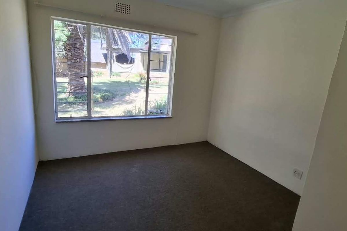 An empty bedroom featuring a large steel-framed window, carpeted flooring, and neutral walls, offering a blank canvas for renovation or staging.