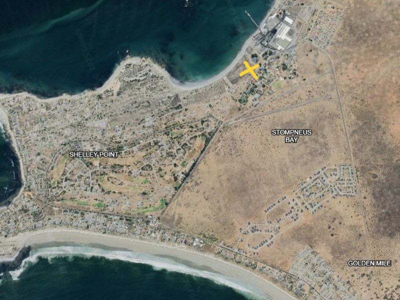 Aerial view of the coastal area including Shelley Point and Stompneus Bay, highlighting the local geography and residential layout.