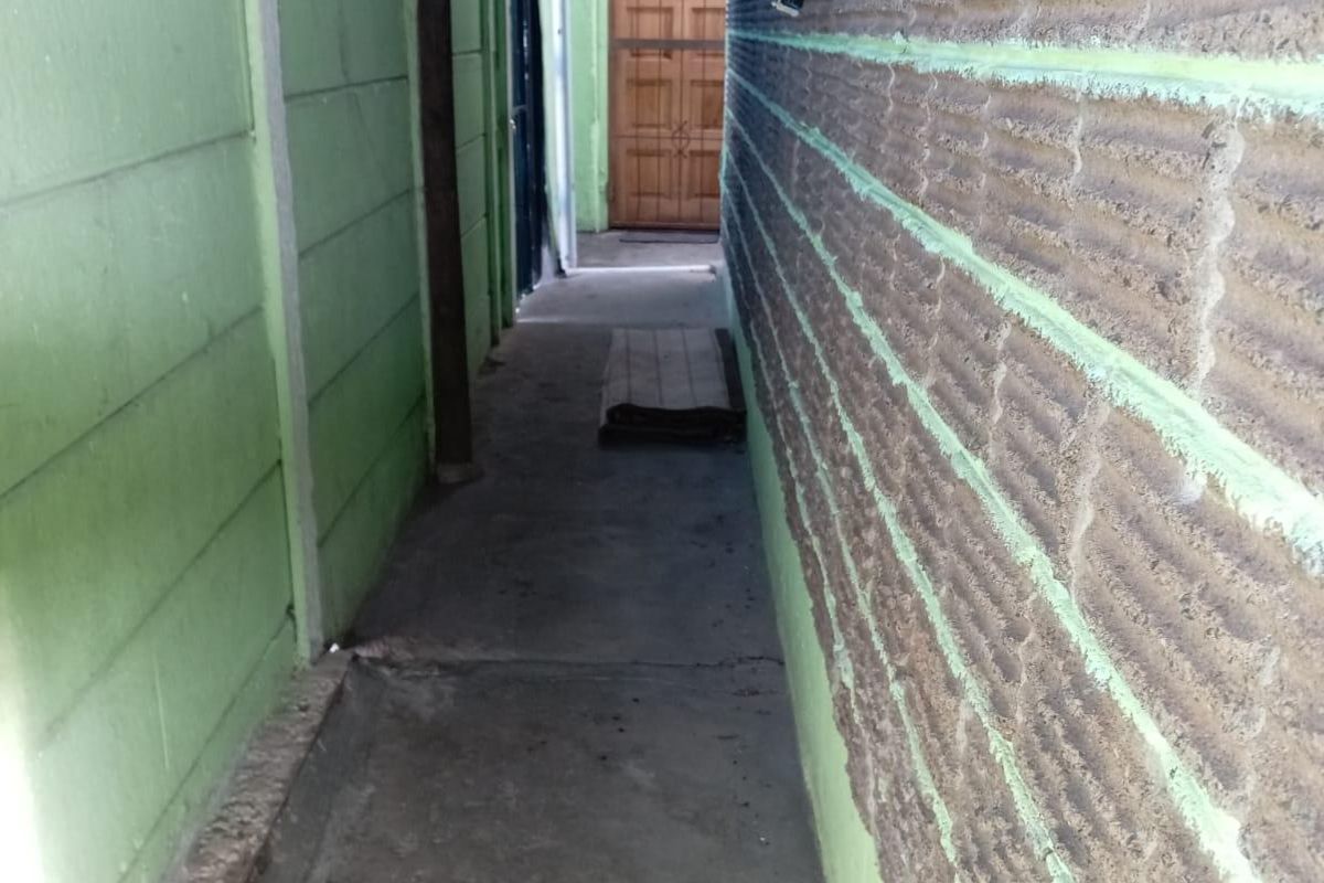A narrow exterior side passage featuring concrete flooring, a textured brick wall, and a boundary wall, leading towards a wooden door.