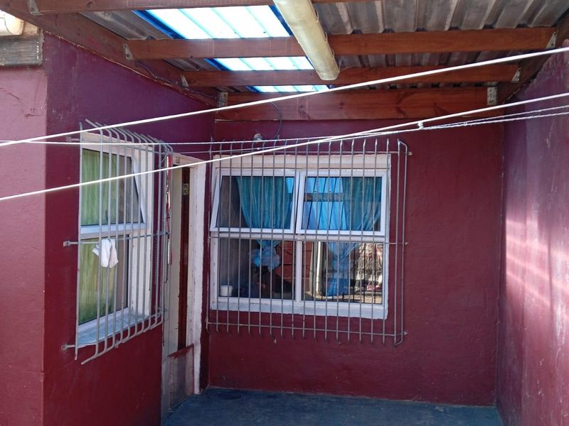 A covered outdoor patio area featuring a corrugated roof, timber rafters, and security bars on the windows, providing a functional utility space.
