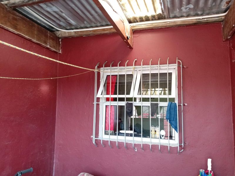 A covered outdoor patio area featuring a corrugated iron roof, timber rafters, and a window protected by security bars.