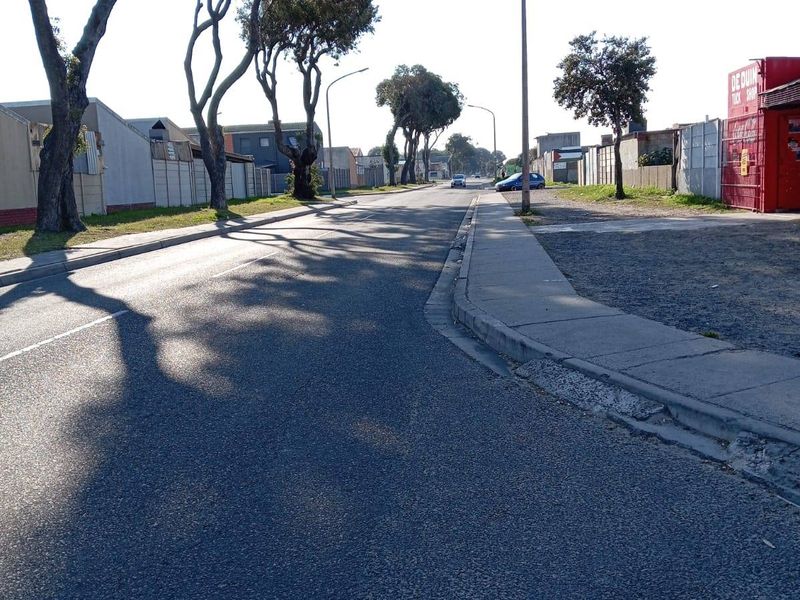A view of the residential street showing the road, sidewalk, and surrounding boundary walls.