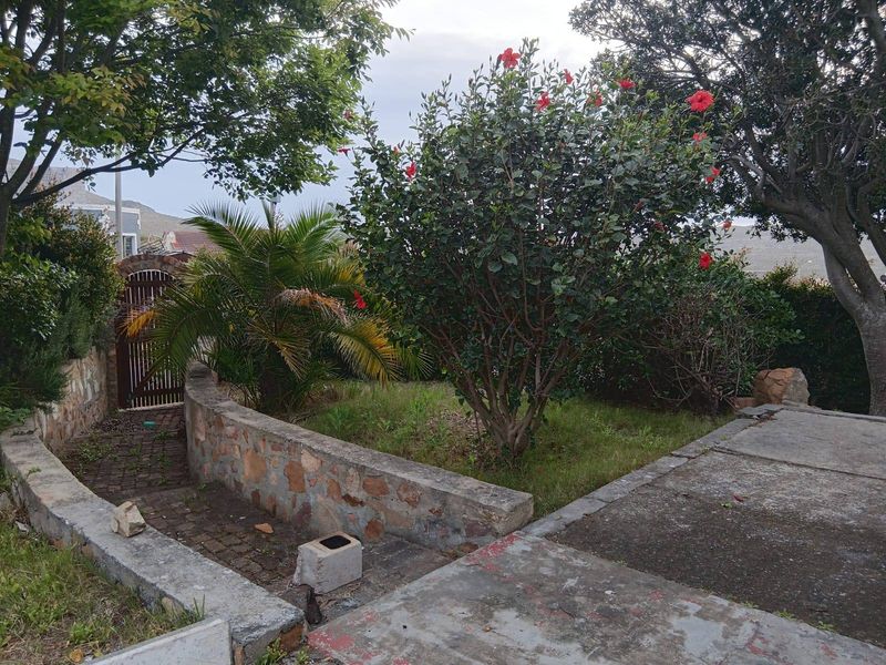 A garden area featuring a stone retaining wall, paved walkway, and established trees, providing a natural outdoor space with a gated entrance.