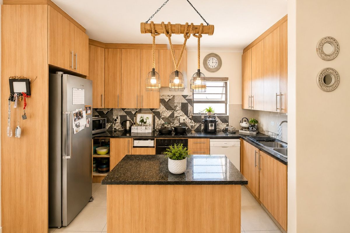 A well-maintained kitchen featuring light wood cabinetry, granite countertops, a central island, and a modern geometric tiled backsplash.