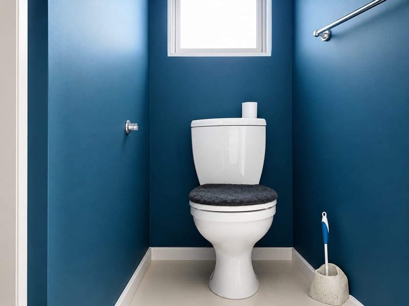 A compact, well-maintained powder room featuring a modern toilet, blue painted walls, and a functional towel rail.
