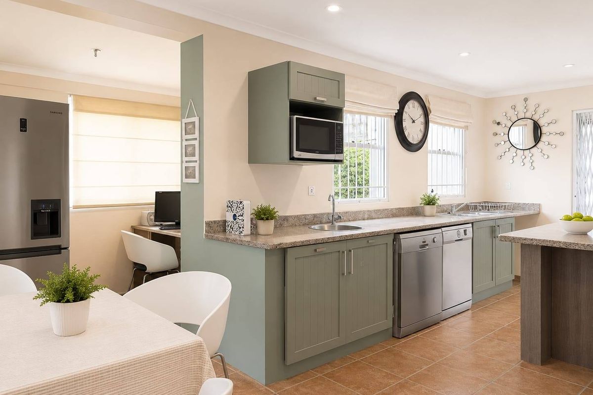 Modern kitchen featuring sage green cabinetry, granite countertops, integrated microwave, and a convenient built-in workspace, finished with durable tiled flooring.