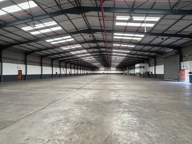 Large open-plan industrial warehouse space featuring high ceilings, exposed steel structure, concrete flooring, integrated fire sprinkler system, and a mezzanine office area.