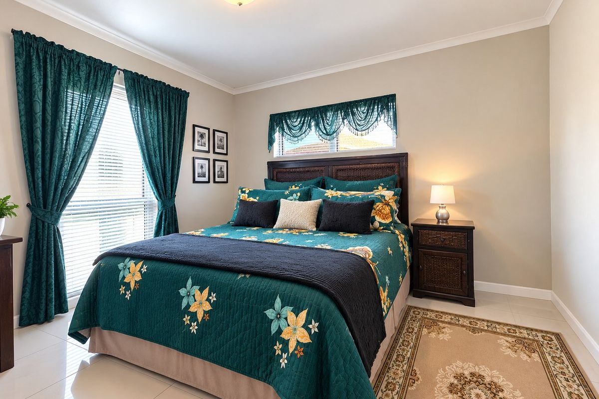 A well-maintained bedroom featuring neutral wall tones, tiled flooring, and natural light through window blinds.