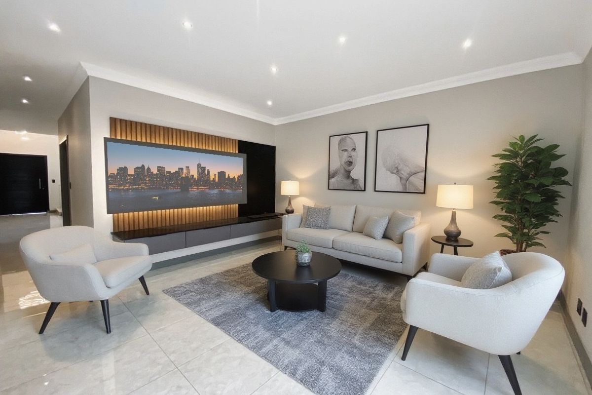 Modern living room featuring tiled flooring, recessed downlights, and a custom built-in media unit with decorative slatted timber wall paneling.