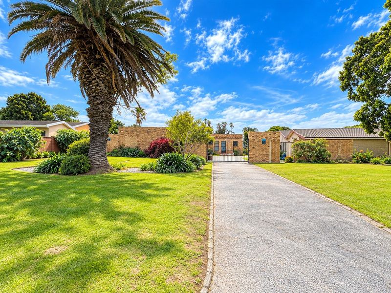 A well-maintained front exterior featuring a paved driveway, established garden with a mature palm tree, and a secure brick boundary wall with a metal gate.