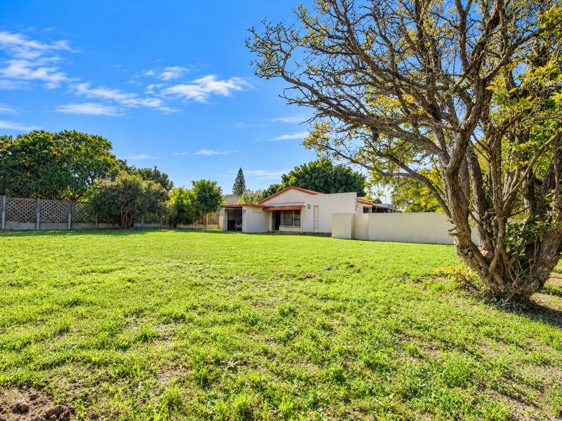 A spacious rear garden featuring a large lawn area, mature tree, and boundary walling, providing a private outdoor space for the property.