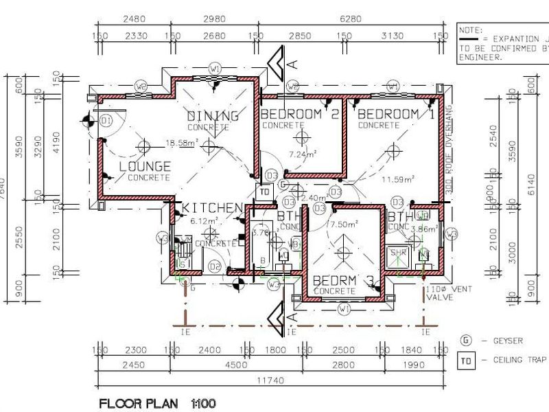 Architectural floor plan showing a three-bedroom house layout with an open-plan kitchen, dining, and lounge area, plus two bathrooms.