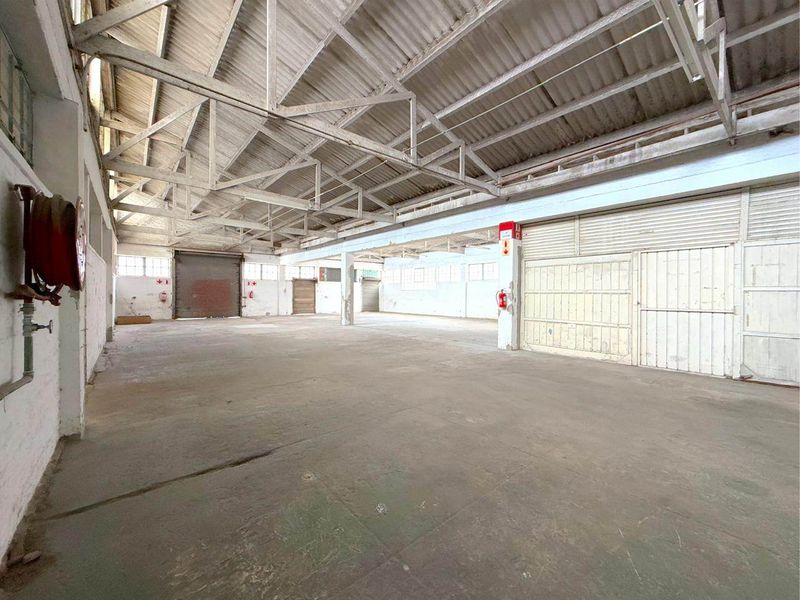 Spacious industrial warehouse featuring exposed steel roof trusses, concrete flooring, and multiple roller shutter doors, suitable for storage or manufacturing operations.