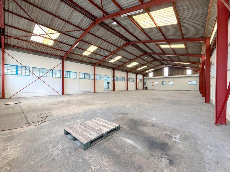 Spacious industrial warehouse featuring an open-plan layout, exposed steel portal frame construction, concrete flooring, and ample natural light through integrated roof skylights.