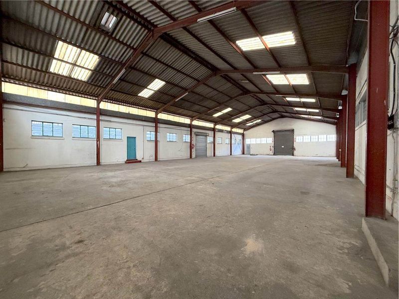 Spacious industrial warehouse featuring a steel portal frame, concrete flooring, multiple roller shutter doors, and ample natural light through integrated roof skylights.