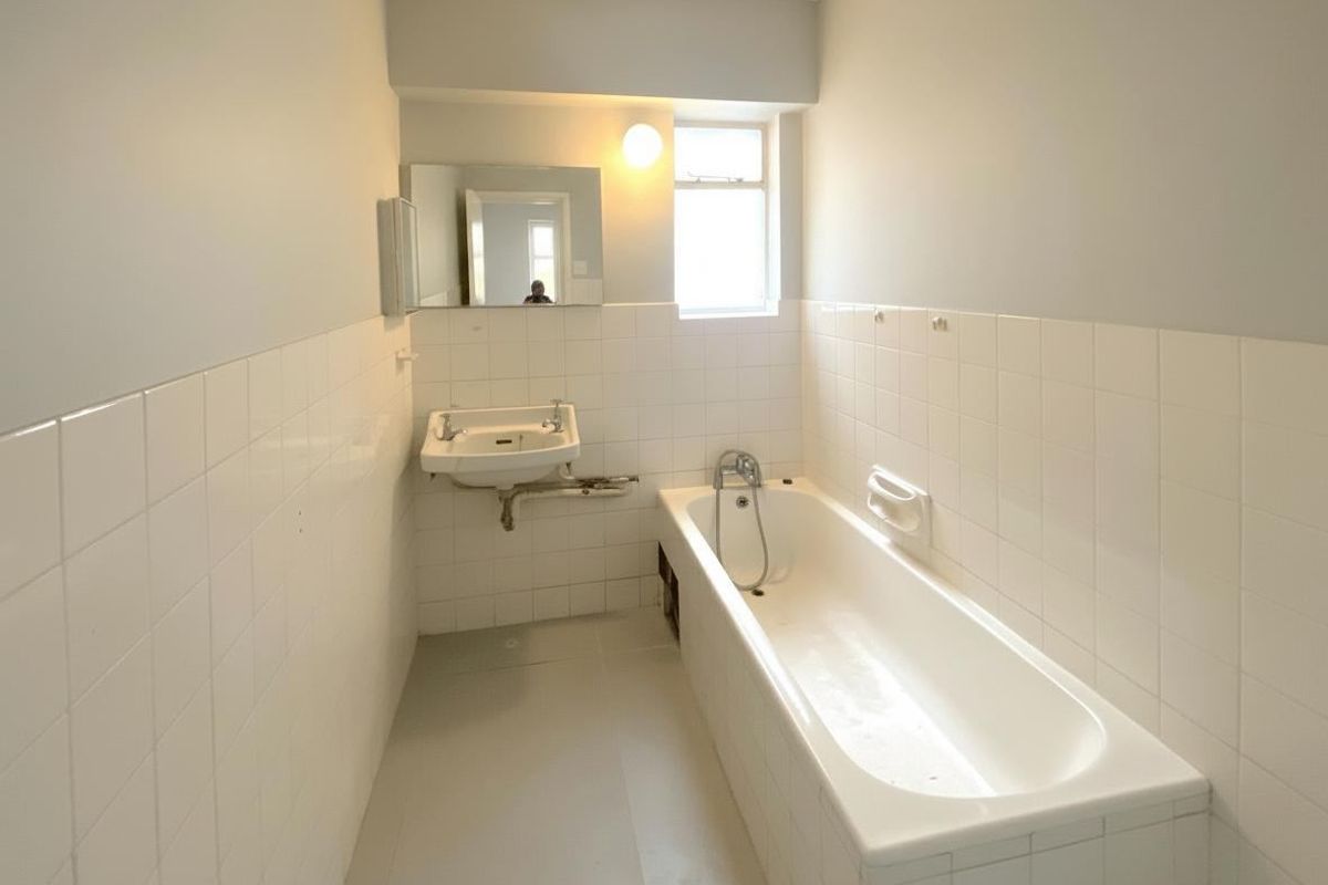A dated bathroom featuring a standard bathtub, wall-mounted basin, and tiled walls. The space is functional but requires cosmetic updates to modernize the finishes.
