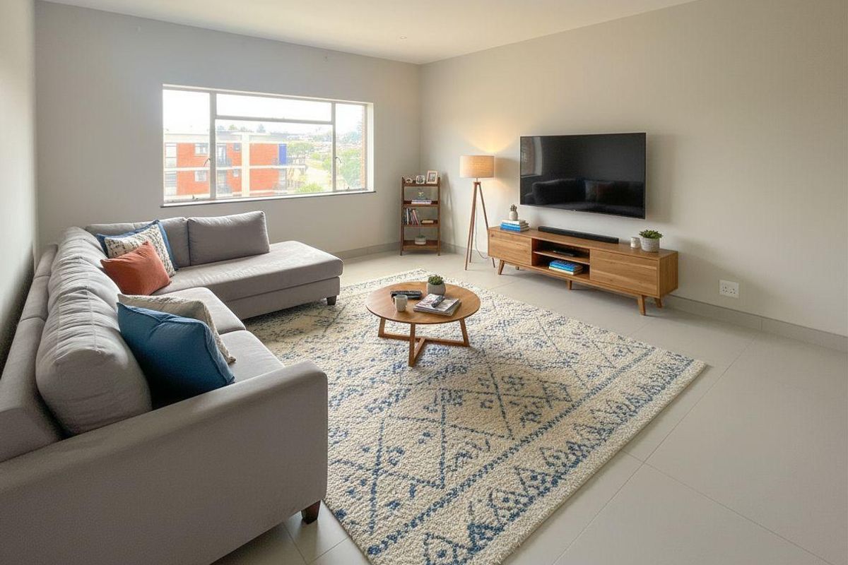 A bright and spacious living room featuring large windows, neutral tiled flooring, and clean, modern finishes throughout.