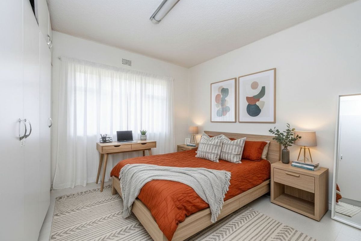A well-lit bedroom featuring built-in wardrobes, neutral flooring, and a large window with sheer curtains, providing a comfortable and functional living space.
