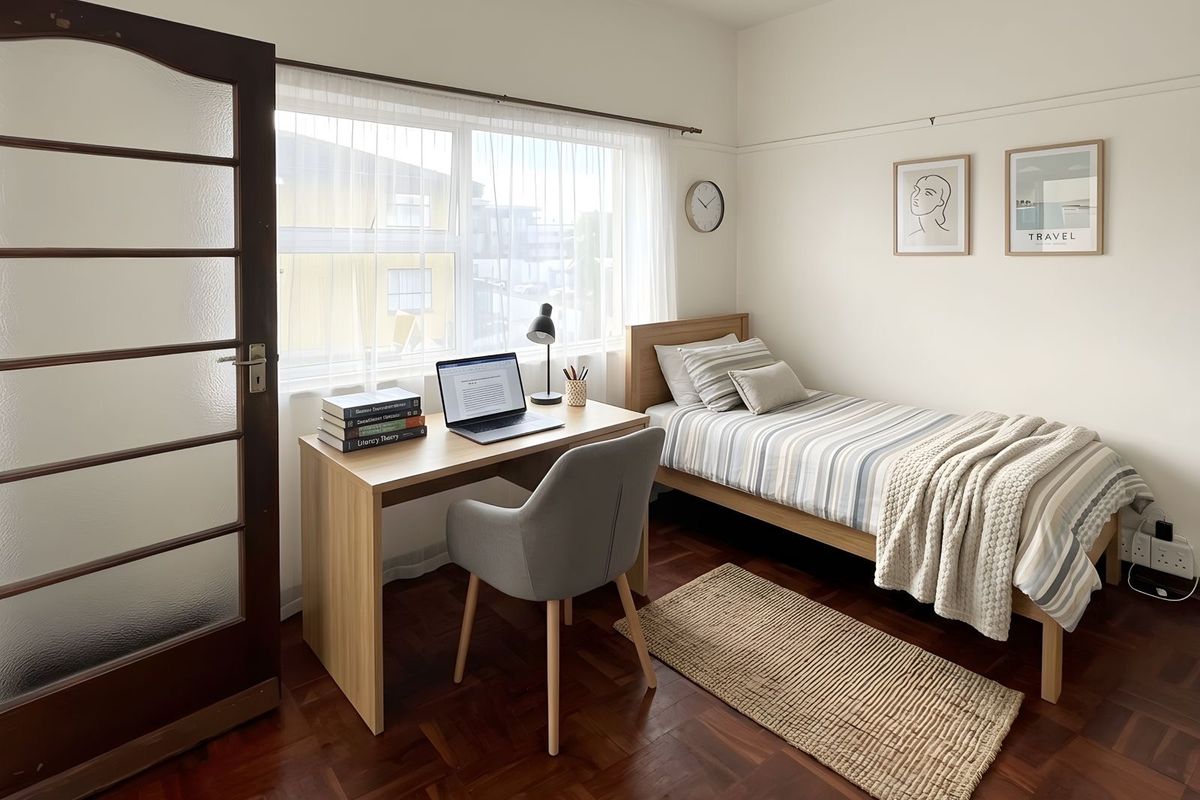 A well-maintained bedroom featuring polished parquet timber flooring, large window with natural light, and a classic timber-framed glass panel door.