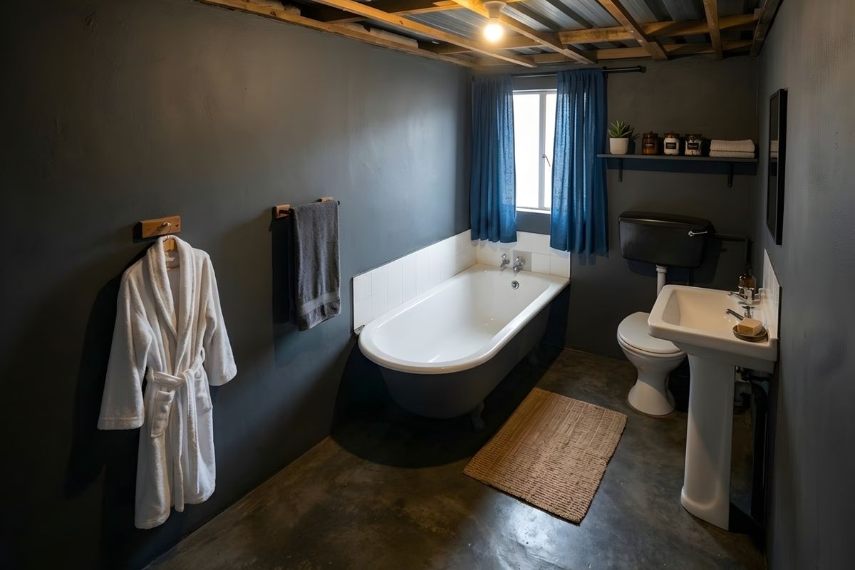 A bathroom featuring a freestanding bathtub, pedestal sink, and toilet, finished with dark walls and exposed ceiling joists.