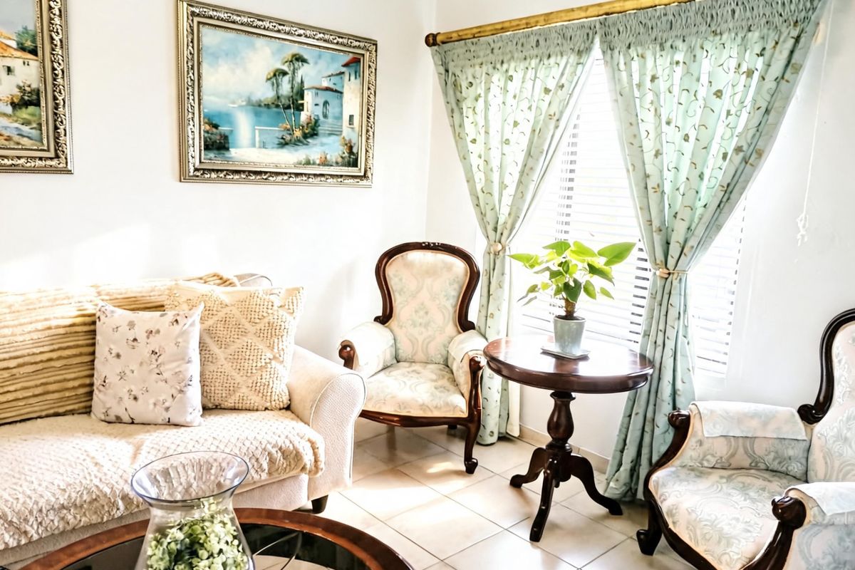 A bright living room featuring tiled flooring and large windows with decorative curtains, providing a comfortable and well-lit space.