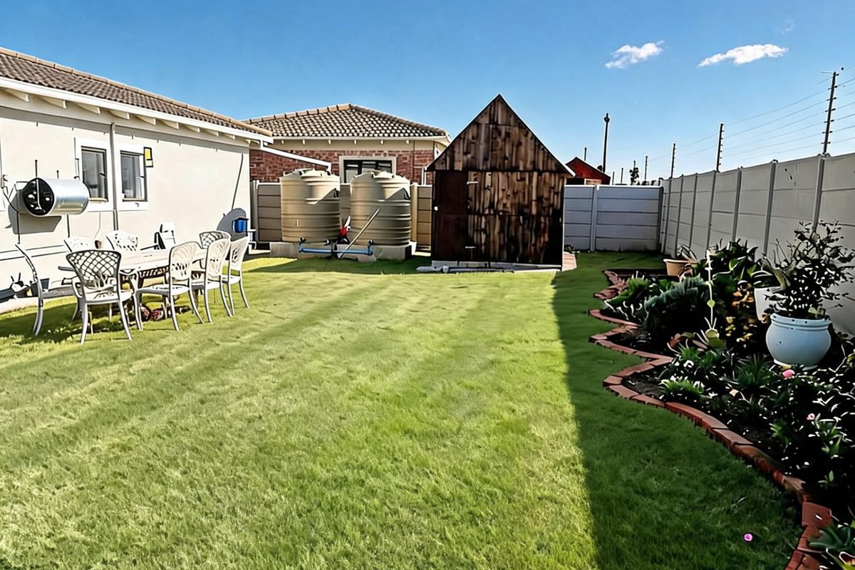 A well-maintained rear garden featuring a lawn, landscaped flower beds, two water storage tanks, and a wooden storage shed.
