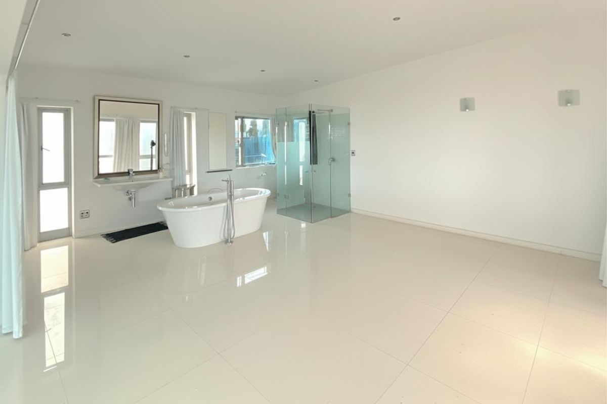 Spacious open-plan bathroom featuring a freestanding bathtub, glass-enclosed shower, and wall-mounted vanity with mirror, finished with polished floor tiles.