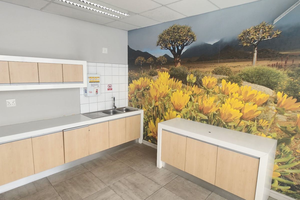 A functional commercial kitchenette featuring light wood cabinetry, a stainless steel sink, tiled flooring, and a decorative landscape wall mural.