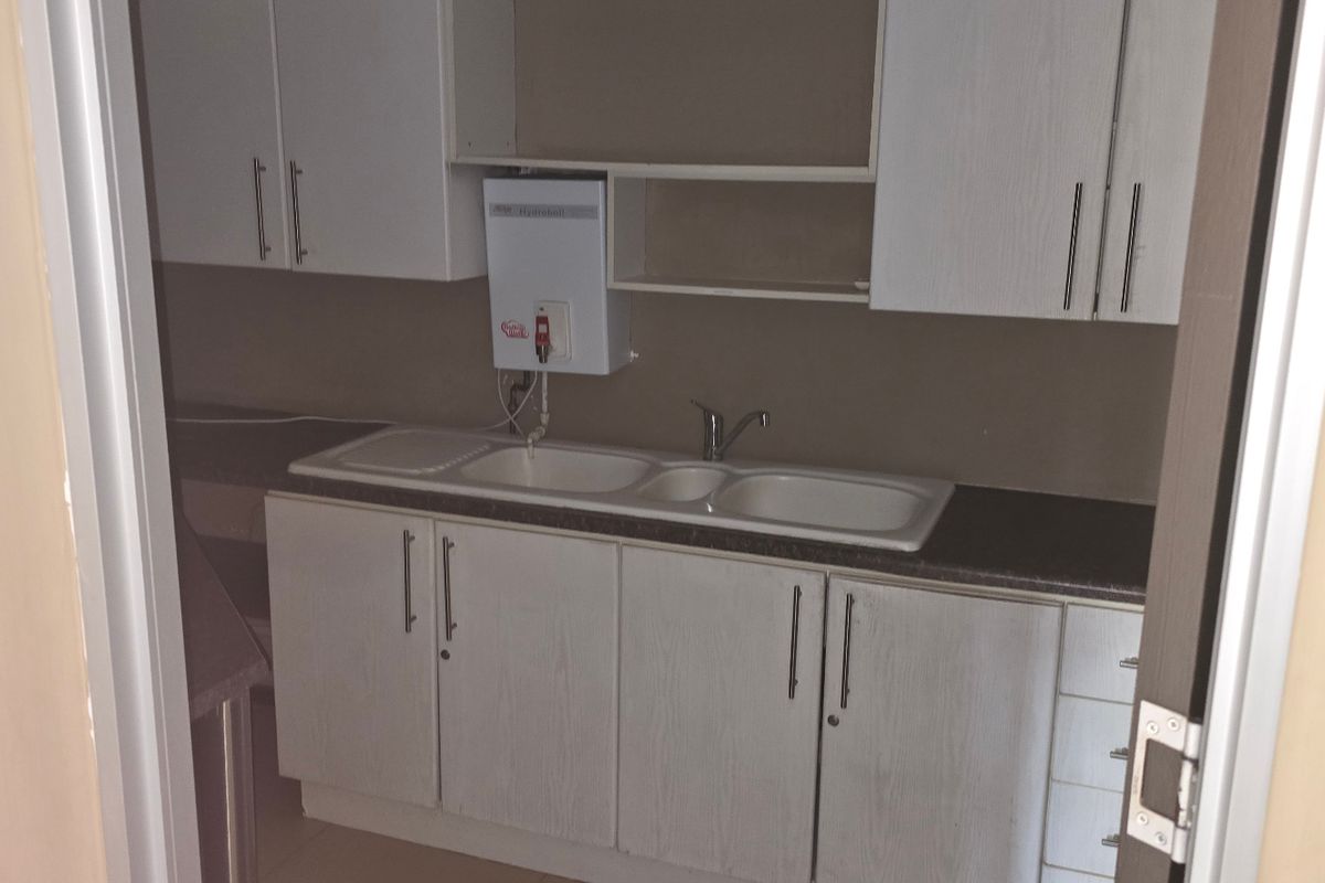 A functional kitchenette area featuring white cabinetry, a double basin sink, and a wall-mounted water heater unit.