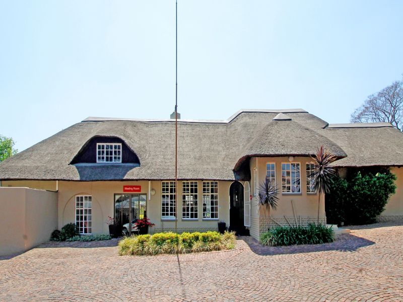 Front elevation of a traditional house featuring a distinctive thatched roof, multi-pane windows, and a paved cobblestone driveway.