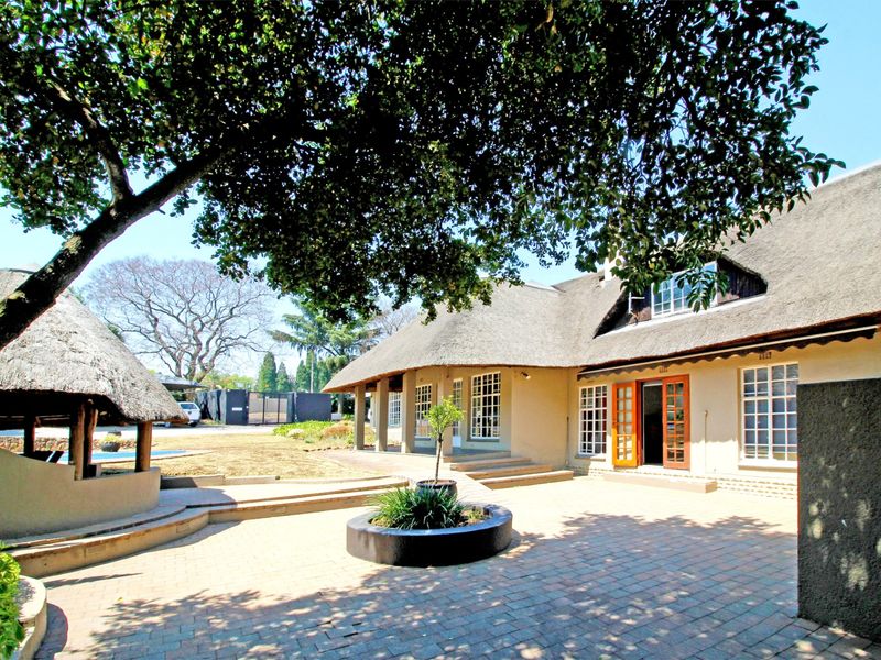 Spacious rear exterior featuring a traditional thatch roof, extensive paved patio area, and established garden surroundings.