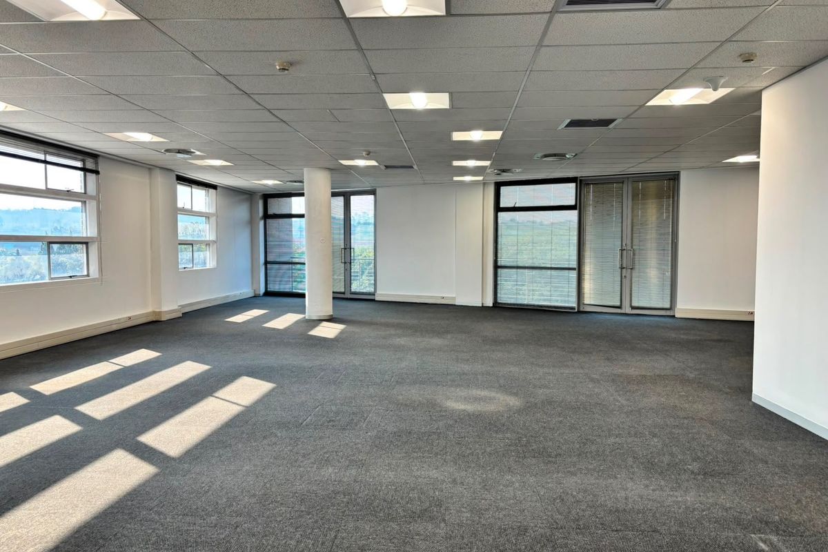 Spacious, open-plan commercial office area featuring large windows, natural light, suspended ceilings, and carpeted flooring, suitable for a flexible workspace layout.