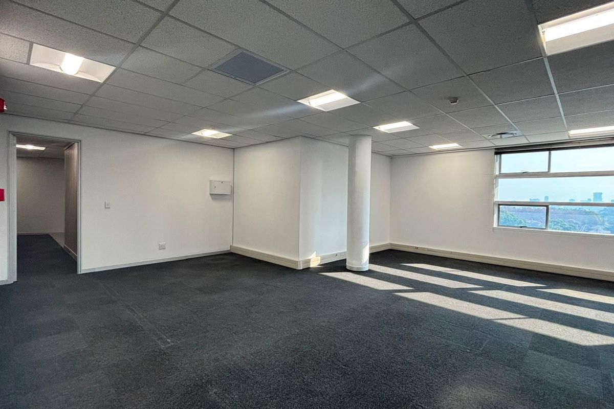 A bright, open-plan office space featuring neutral carpet tiles, a suspended ceiling with recessed lighting, and large windows offering natural light and views.