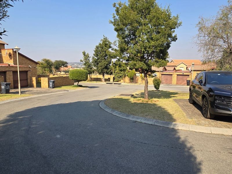 A view of the residential street within the townhouse complex, featuring paved driveways, brick boundary walls, and established landscaping.